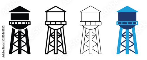 Water Tower Designs Illustrated with Simple Line Art and Color Variations Isolated on Transparent Background