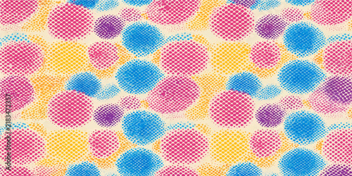 Colorful polka dot seamless pattern with pink blue and yellow watercolor circles vector illustration