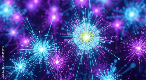 Glowing microscopic organisms float in a dark space filled with vibrant blue and purple energy particles, creating a fascinating visual representation of advanced cellular structures