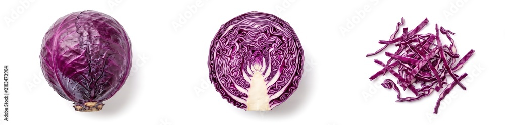 Fototapeta premium A whole red cabbage sits next to a sliced piece revealing the inner layers. Shredded red cabbage is placed on the other side. This is set against a plain white background indicating an autumn theme