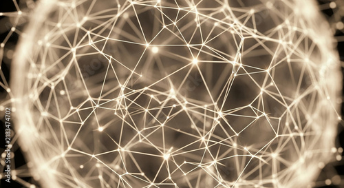 A glowing golden network of interconnected nodes and lines forms a complex spherical matrix representing global communications and advanced technology systems in cyberspace