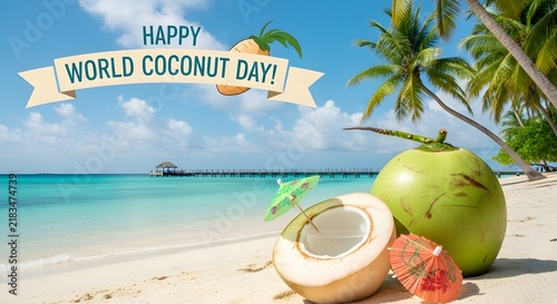 Happy world coconut day beach celebration with coconut