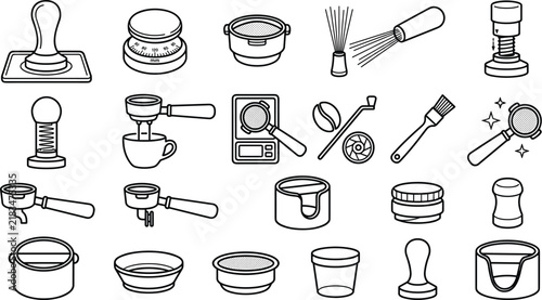 Foto Barista specialty coffee espresso brewing tools and cafe accessories line art ve