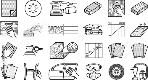 Foto Comprehensive woodworking sanding and surface finishing vector icon set featuring orbital sanders belt grinders sandpaper sheets and safety equipment