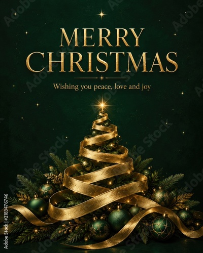 Merry Christmas Poster with Golden Ribbon Tree and Baubles