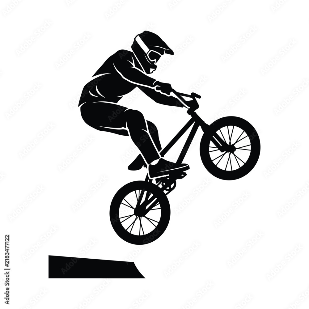 Obraz premium BMX rider performing bike jump trick off ramp black silhouette vector illustration.