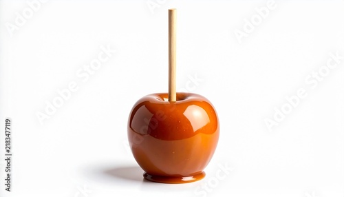 Caramel apple with dripping toffee glaze on a stick isolated on white background, messy sweet autumn halloween dessert treat food concept