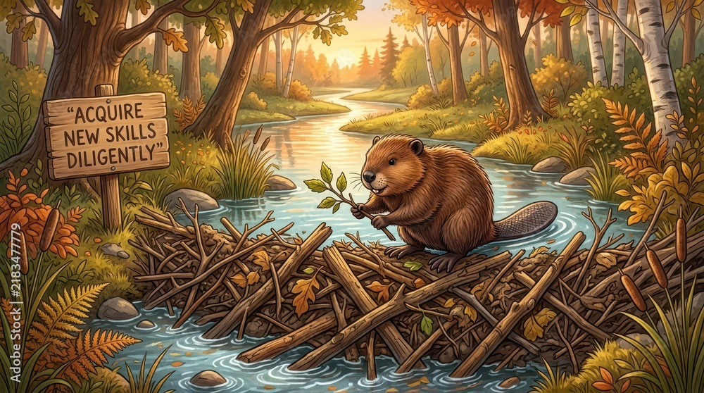 Obraz premium Cute Beaver Building a Dam in a Forest Stream with Inspirational Sign for Personal Development