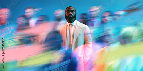 Modern African Male Executive Standing Out Amid Blue Green Pink Abstract Motion Streaks
