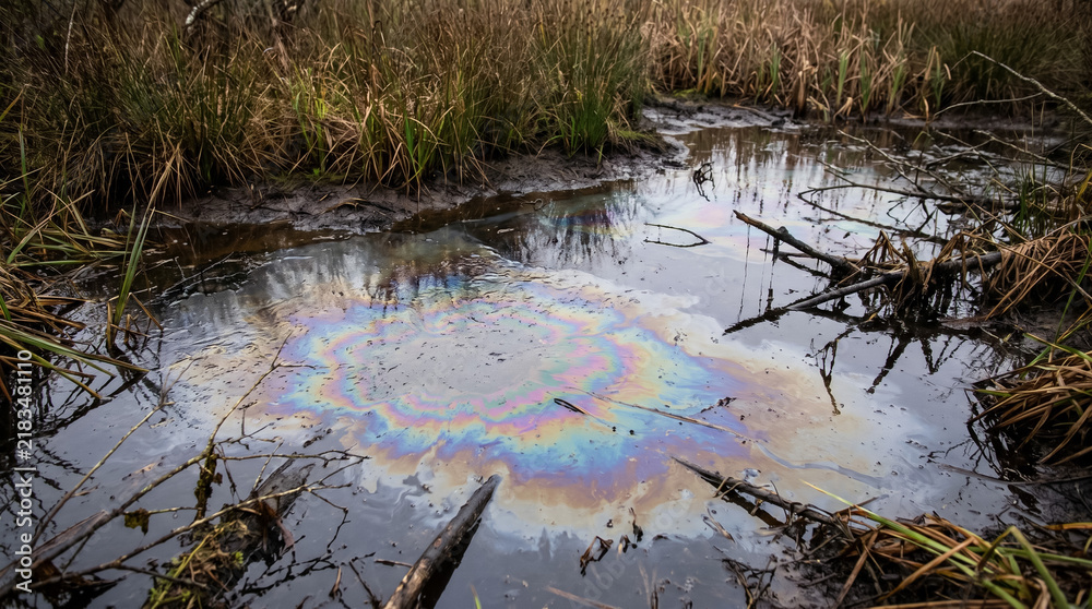 Obraz premium Oil slick creating iridescent rainbow colors on water surface in a marsh, showing environmental pollution and damage