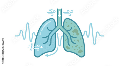 Vector illustration comparing healthy lungs with clear airways and diseased lungs with infection or damage