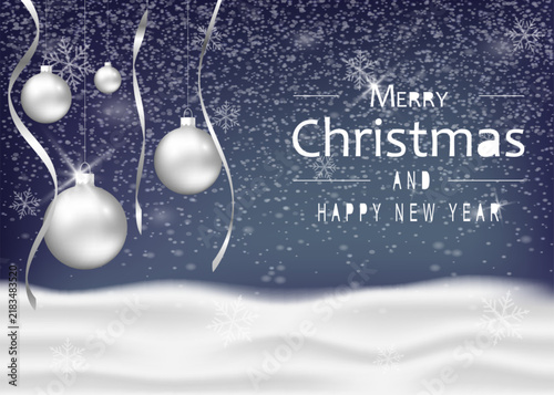 Christmas and New Year greeting card with white baubles, silver ribbons, snowflakes and falling snow on a blue winter background with festive holiday typography. Vector illustration.