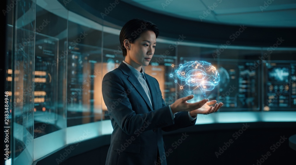 Fototapeta premium a professional woman holding a glowing digital hologram of a human brain and neural network in a futuristic control room.