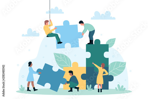 Teamwork partnership metaphor. Team building training, project management, brainstorming, group motivation. Teamwork, startup character flat vector illustration business concept with giant puzzle.