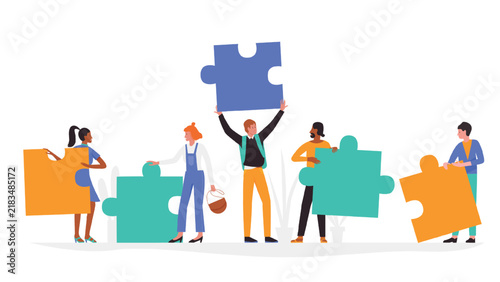 People with puzzle concept vector illustration. Cartoon man woman group of characters in casual clothing, holding puzzle jigsaw pieces, standing and communicating, communication isolated on white
