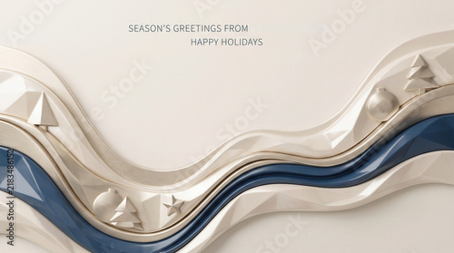 Season's Greetings card with abstract beige and blue waves, trees, and ornaments.