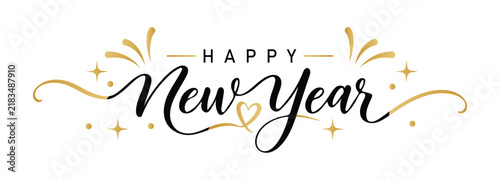 Minimalist happy new year script typography with small gold heart and stars script lettering sparkling stars graphic ornament decorative font party element year end