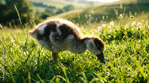 Young gosling forages in lush green meadow grass