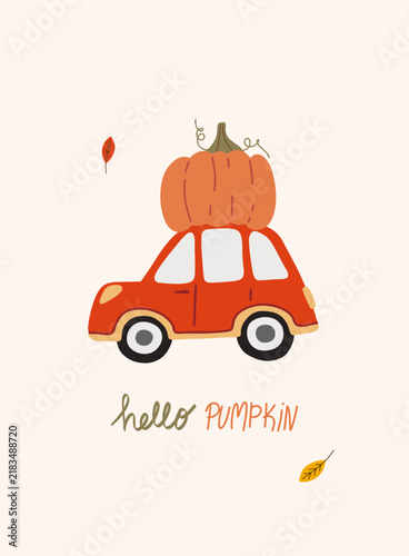 Red Car Carrying Pumpkin for Autumn Hand-Drawn Illustration