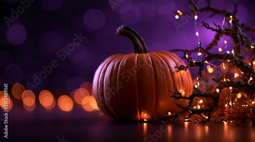 Halloween Pumpkin with Fairy Lights on Purple Background