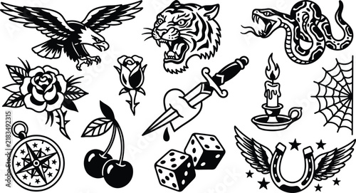 Vintage American Traditional Tattoo Flash Vector Silhouette Set Featuring Eagle Tiger Snake Dagger and Lucky Horseshoe