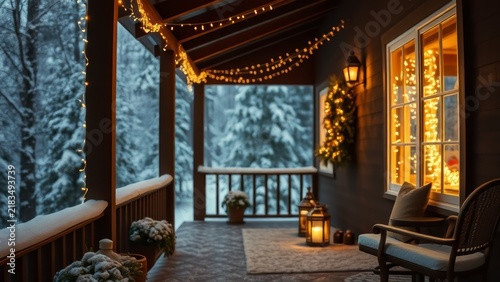 Cozy winter porch decorated with lights and snow