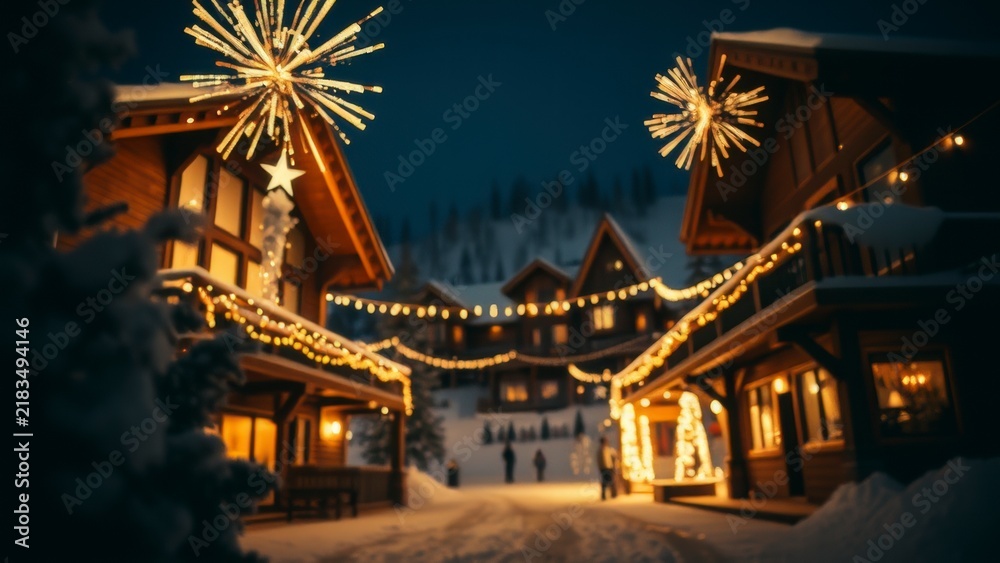 Fototapeta premium Festive winter village decorated with lights at night