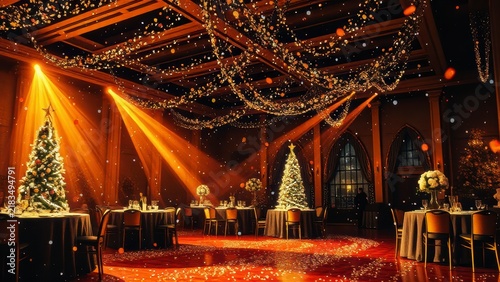 Festive Grand Hall Decorated for Christmas Banquet