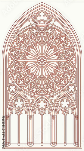 Intricate Gothic rose window design with ornate tracery and pointed arch, detailed architectural illustration in copper outline.