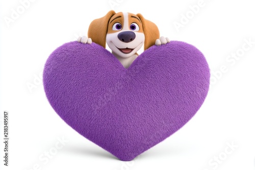 Happy cartoon dog character holding a large purple heart plush toy symbolizing love and friendship in a colorful and cheerful style. Generative AI