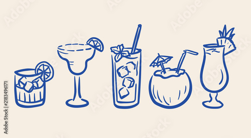 Foto Hand drawn blue summer cocktails and tropical beach drink doodles for bar menus