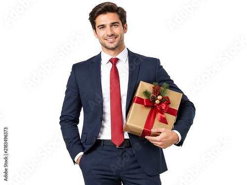 Handsome young businessman in a suit holding a Christmas gift box isolated on white background.