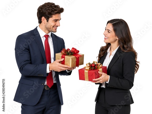 Professional man and woman in business suits exchanging gift boxes on white background.