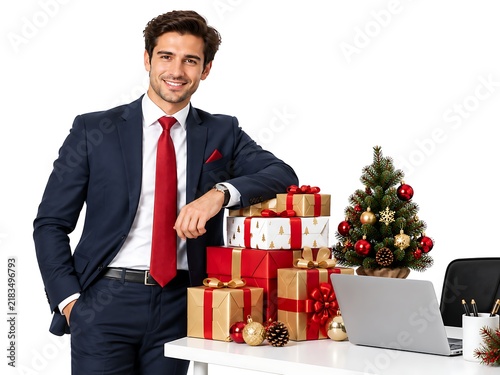 Smiling businessman in formal suit leaning on desk with Christmas gifts and laptop.