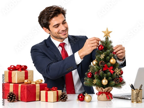Handsome young businessman decorating a small Christmas tree at his office desk.