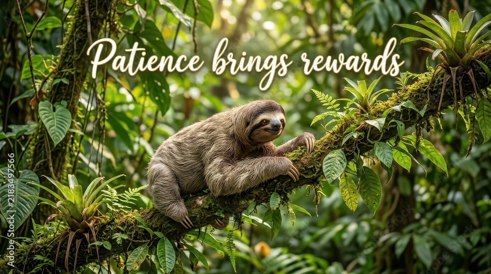 Obraz premium Cute Three-Toed Sloth Hanging on a Mossy Tree Branch in a Lush Tropical Rainforest Setting