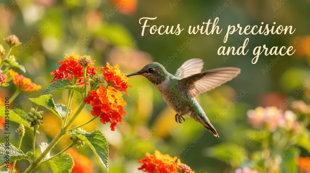 Obraz premium Hummingbird Hovering Over Vibrant Orange Flowers with Inspirational Quote Text Overlay