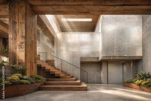 Sustainable brutalist interior with reclaimed wood and recycled composite materials.