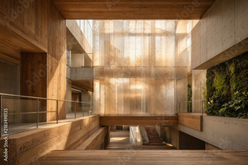 Sustainable brutalist interior with reclaimed wood and recycled composite materials.