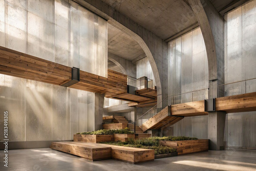 Sustainable brutalist interior with reclaimed wood and recycled composite materials.