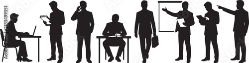 Business people silhouettes working in office collection

A set of black silhouettes showing business people in various professional poses, working at desks, standing, and presenting in an office.