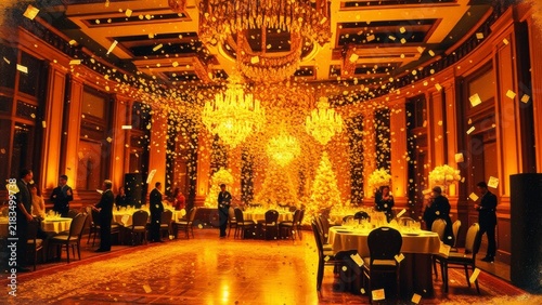 Luxurious ballroom gala with gold confetti falling from ceiling
