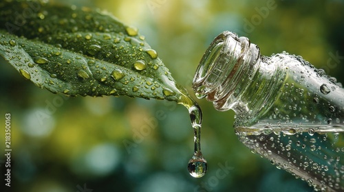 hydration. A dewy green leaf with a water droplet falling into a glass vial. bar promotions, beverage menus, designed for product packaging and bar promotions, used by hospitality managers.