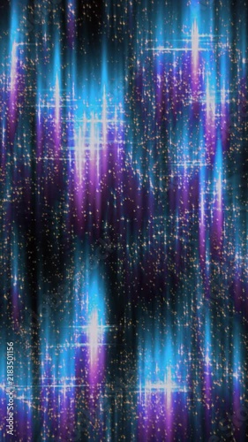 Magical falling stardust and shimmering vertical light rays. Dreamy fantasy background with glittering festive illumination.