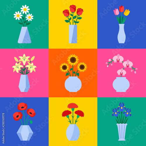 Flower bouquet in vase icon set. Rose, tulip, sunflower, orchid, daisy and lily blooming plants collections for greeting card template. Flat design. Isolated. Colorful background. Vector Illustration