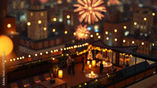 Rooftop Party at Night with City View and Fireworks