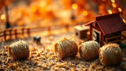 Miniature autumn farm diorama with hay bales and barn