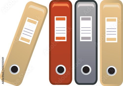 Set of office ring binders in beige red and grey colors for business document organization and storage.