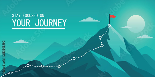 Mountain Peak with Red Flag and Climbing Route, Business Goal Concept