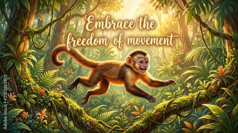 Obraz premium Happy Capuchin Monkey Jumping Through Lush Tropical Jungle with Inspirational Text Overlay